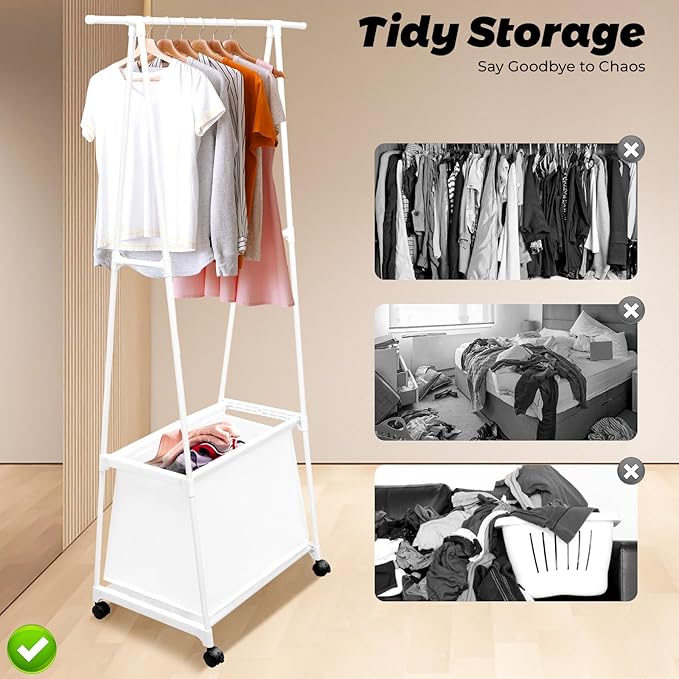 Laundry Cart with Hanging Rack, Metal Rolling Laundry Cart Laundry Hamper with Fabric Storage Basket Clothes Rack with Lockable Wheels for Hanging Clothes & Storing Toys Hats (White)