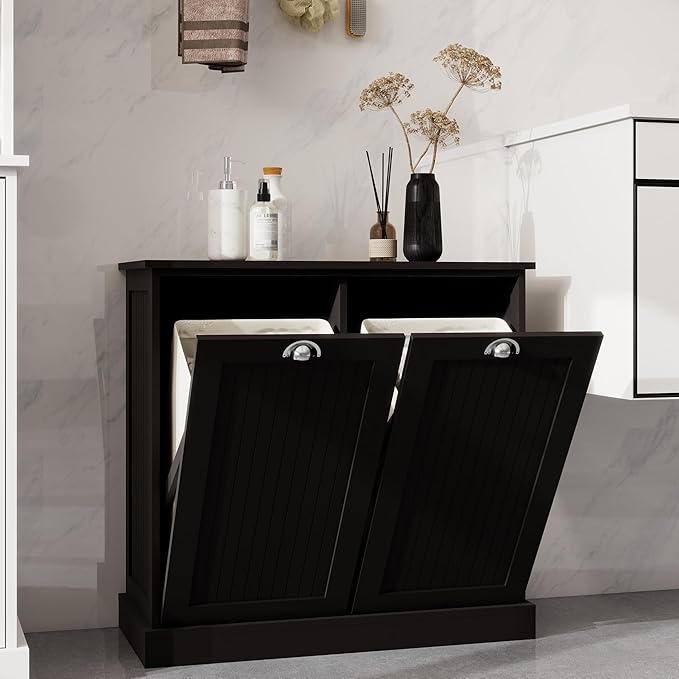Two-Compartment Tilt-Out Laundry Sorter Cabinet-Black