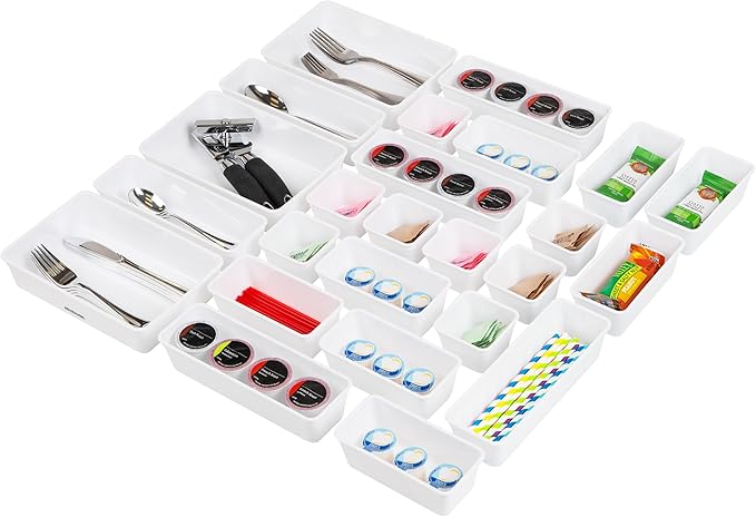 Mind Reader 25-Piece Drawer Organizer Set, Storage Trays for Kitchen, Bathroom, Office, Makeup, Jewelry & More, Junk Drawer Tray, Utensil Holder, Plastic, White