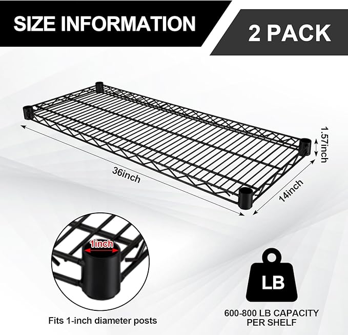 2 Pack Additional Wire Shelf for Wire Shelving Units Chrome Finish Shelving Weight Capacity 600-800 Lb, Heavy Steel Industrial for Warehouses, Closets, Kitchen (Black,14" W X 36" L)