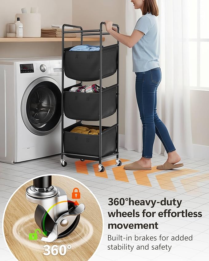 3 Section Laundry Sorter with Removable Bags, 120L Rolling Vertical Laundry Hamper, Stackable Laundry Baskets organizer for Bathroom, Apartment, Dorm (Black, With Wheel)