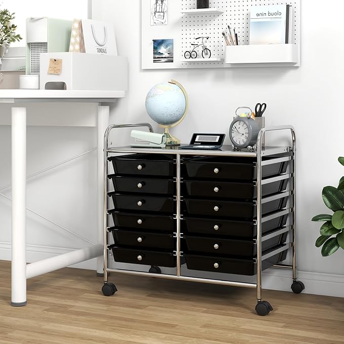 GOFLAME 12-Drawer Rolling Storage Cart, Multifunctional Art Craft Organizer Cart, Mobile Utility Storage Cart with Removable Drawers & Lockable Wheels, Craft Cart for Home Office School, Black