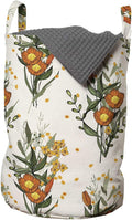 Ambesonne Hawaii Laundry Bag, Vintage Tropic Flower Leaves California Poppy, Hamper Basket with Handles Drawstring Closure for Laundromats, 13" x 19", Orange Champagne