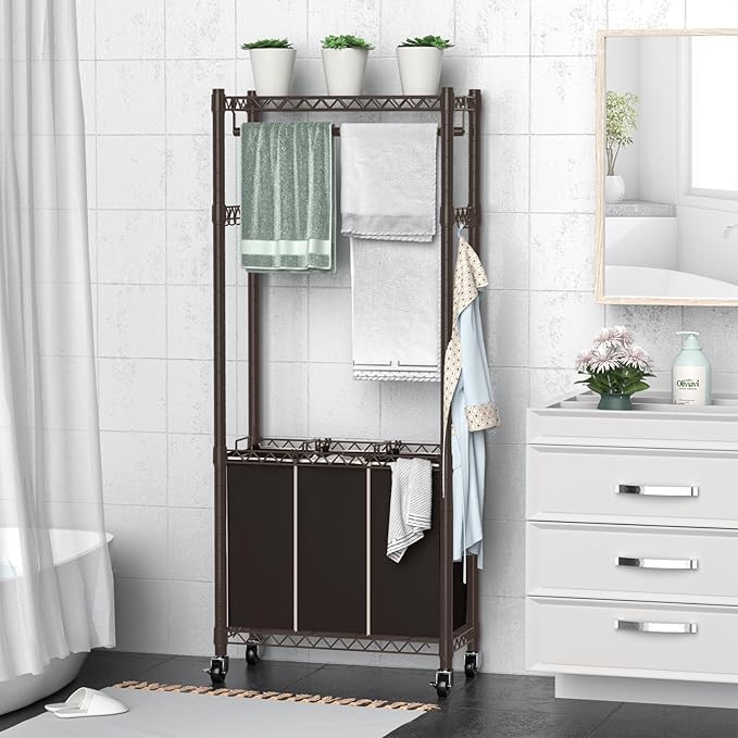 3-Section Laundry Sorter With Hanging Bar, Rolling Hamper Cart, Basket Organizer, Hanging Rack, Lockable Wheels and Removable Bags for Clothes Storage, Espresso