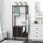 3-Section Laundry Sorter With Hanging Bar, Rolling Hamper Cart, Basket Organizer, Hanging Rack, Lockable Wheels and Removable Bags for Clothes Storage, Espresso