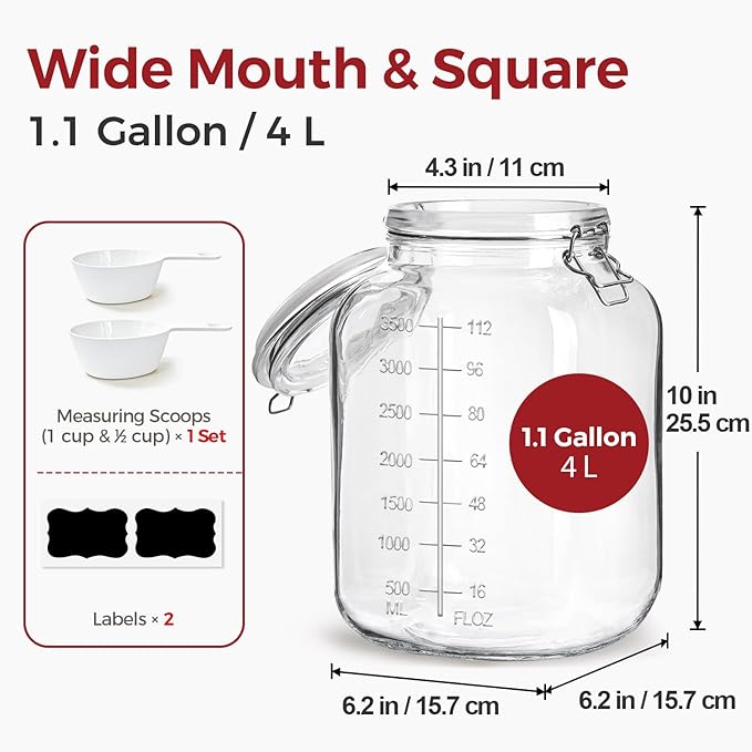 1.1 Gallon Wide Mouth Glass Canisters with Airtight Lids & Measurement Marks (2-Pack) – Includes 2 Measuring Scoops & Labels, Food Storage Jars for Flour, Sugar & Baking Supplies | BPA-Free
