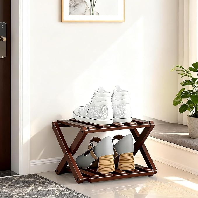 2/3/4/5/6/7/8/9 Tier Bamboo Folding Shoe Rack,2026 New Bamboo Foldable Shoe Rack,no Installation Required,Vertical Multi-Layered Organizer,Space-Saving for Entryways& Balconies (Brown, 3)