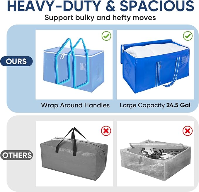 BALEINE 2-Pack Oversized Moving Bags with Reinforced Handles, Heavy-Duty Storage Tote for Clothes, Moving Supplies (Royal Blue, 2-Pack)