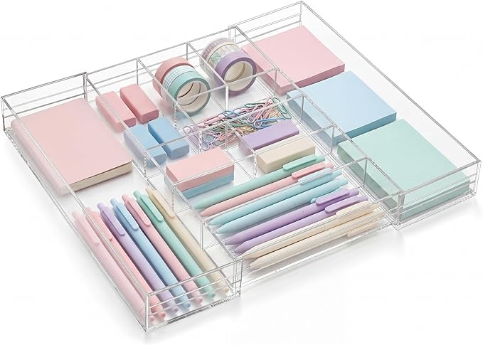 1 Pcs Acrylic Desk Drawer Organizer 9'' up to 17'' x 15'' x 2.1'' Expandable Drawer Organizer Trays with 9 Adjustable Compartments Clear Desk Accessories for Makeup Office Bathroom