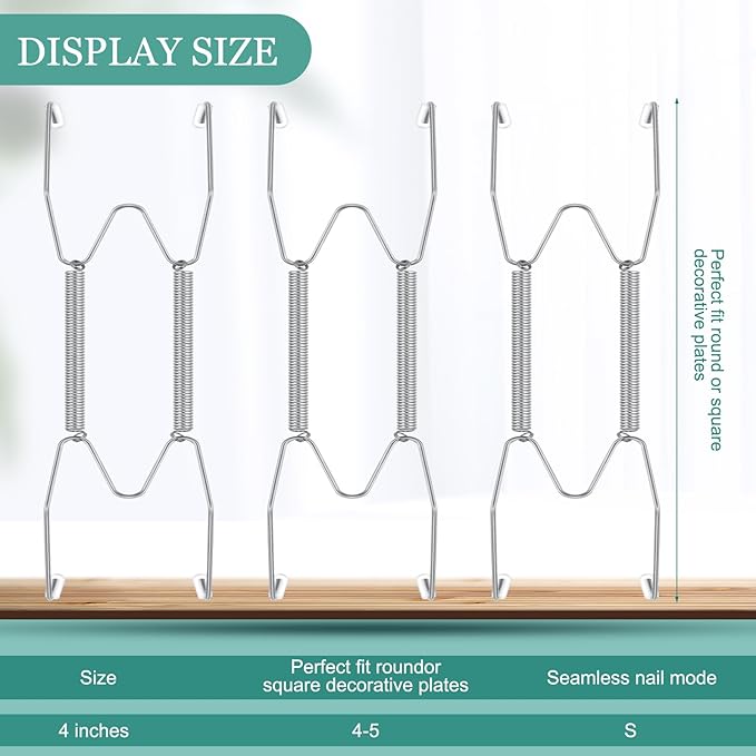 Hotop 12 Pieces Plate Hangers for Wall Stainless Steel Wire Invisible Heavy Duty Plate Hangers Display Holders with 12 Pieces Hooks for Wall Decorative(4-5 Inch,Silver)