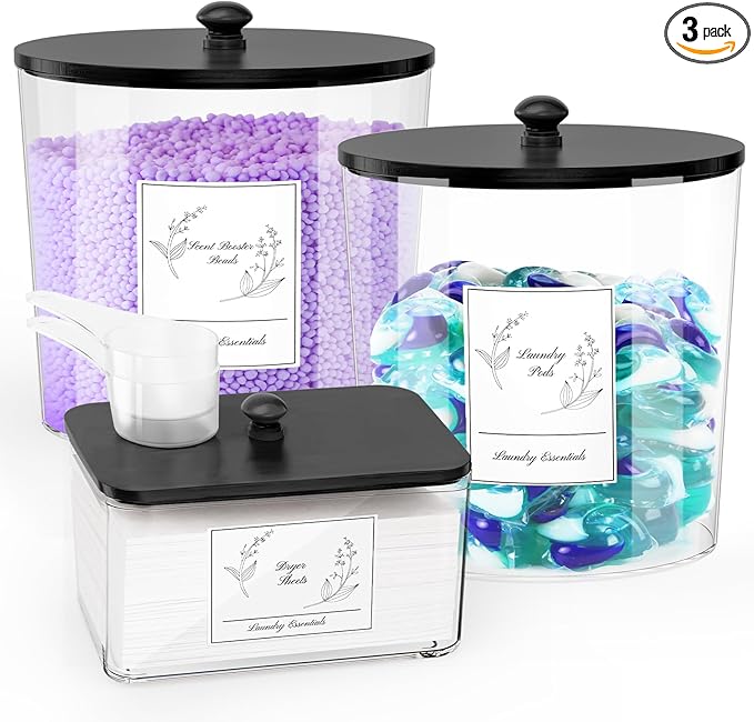 3 Pack Laundry Powder Container & Dryer Sheet Holder, Plastic Laundry Room Organization and Storage Jars with Lids, Labels & Scoops for Powder, Detergent, Scent Booster (Black Lid)