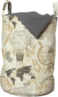 Ambesonne World Map Laundry Bag, Pattern Vintage Globe Atlas Theme Airship Knots Ribbon Retro Print, Hamper Basket with Handles Drawstring Closure for Laundromats, 13" x 19", Beige Green