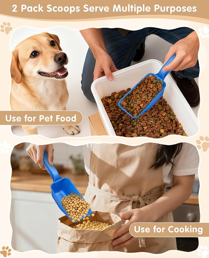 2-Pack Dog Food Scoop 1 Cup, Plastic Pet Food Measuring Scoop With Measuring Lines (1/2 & 1 Cup Markings) for Dogs, Cats, Fish, Bird（Blue)