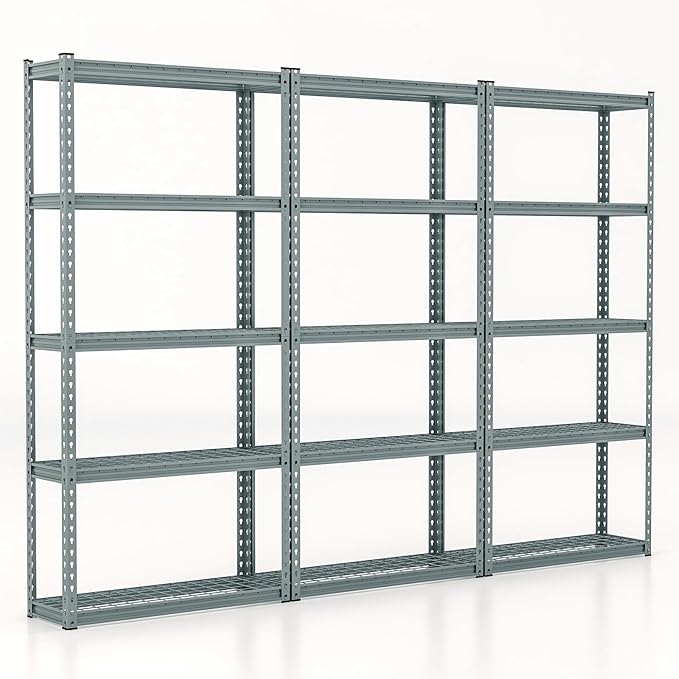 Giantex 5-Tier Storage Shelves Set of 3, Height Adjustable Metal Storage Utility Rack Shelf with Anti-Tipping Device, Heavy Duty Garage Shelving for Warehouse, Basement, 35.5" x 12" x 72", Grey