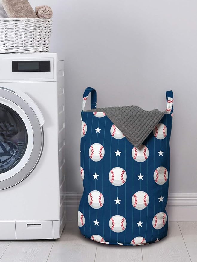 Ambesonne Sports Laundry Bag, Baseball Patterns on Vertical Striped Background Stars Design, Hamper Basket with Handles Drawstring Closure for Laundromats, 13" x 19", Blue Red