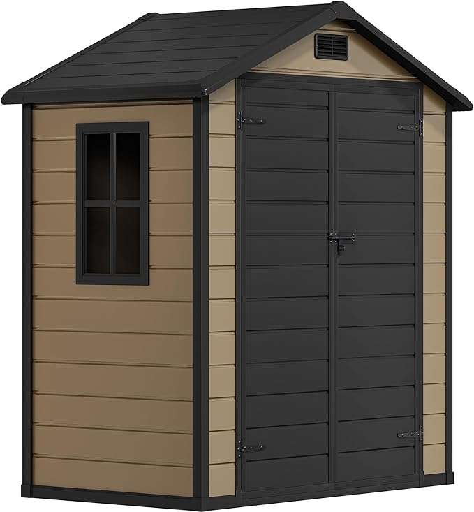 DWVO 6x4 FT Resin Storage Shed with Floor, Outdoor Storage Shed with Lockable Door, Window and Vents, Waterproof Plastic Tool Storage for Garden, Backyard, Patio, Lawn
