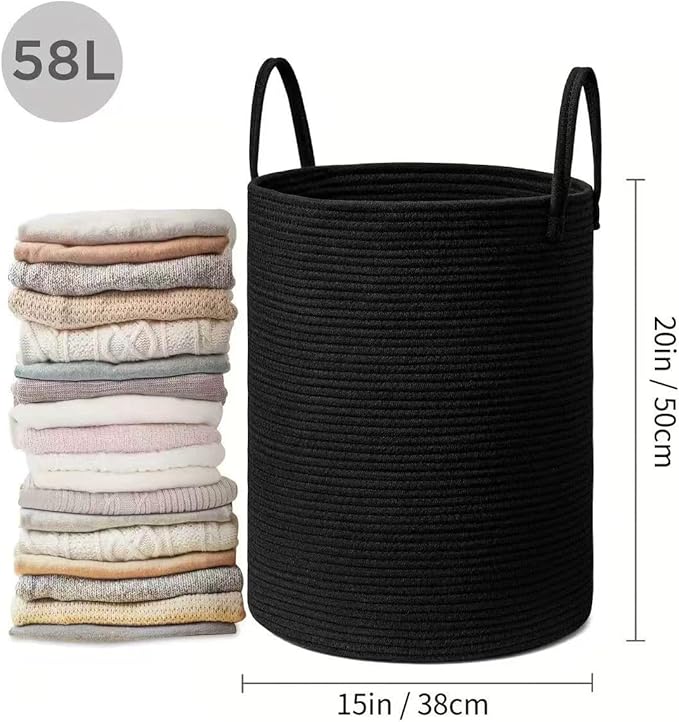 58L Cotton Rope Laundry Basket - Large Collapsible Storage Hamper with Handles Suitable for seasonal storage, toy storage, and a great gift for women (Black)