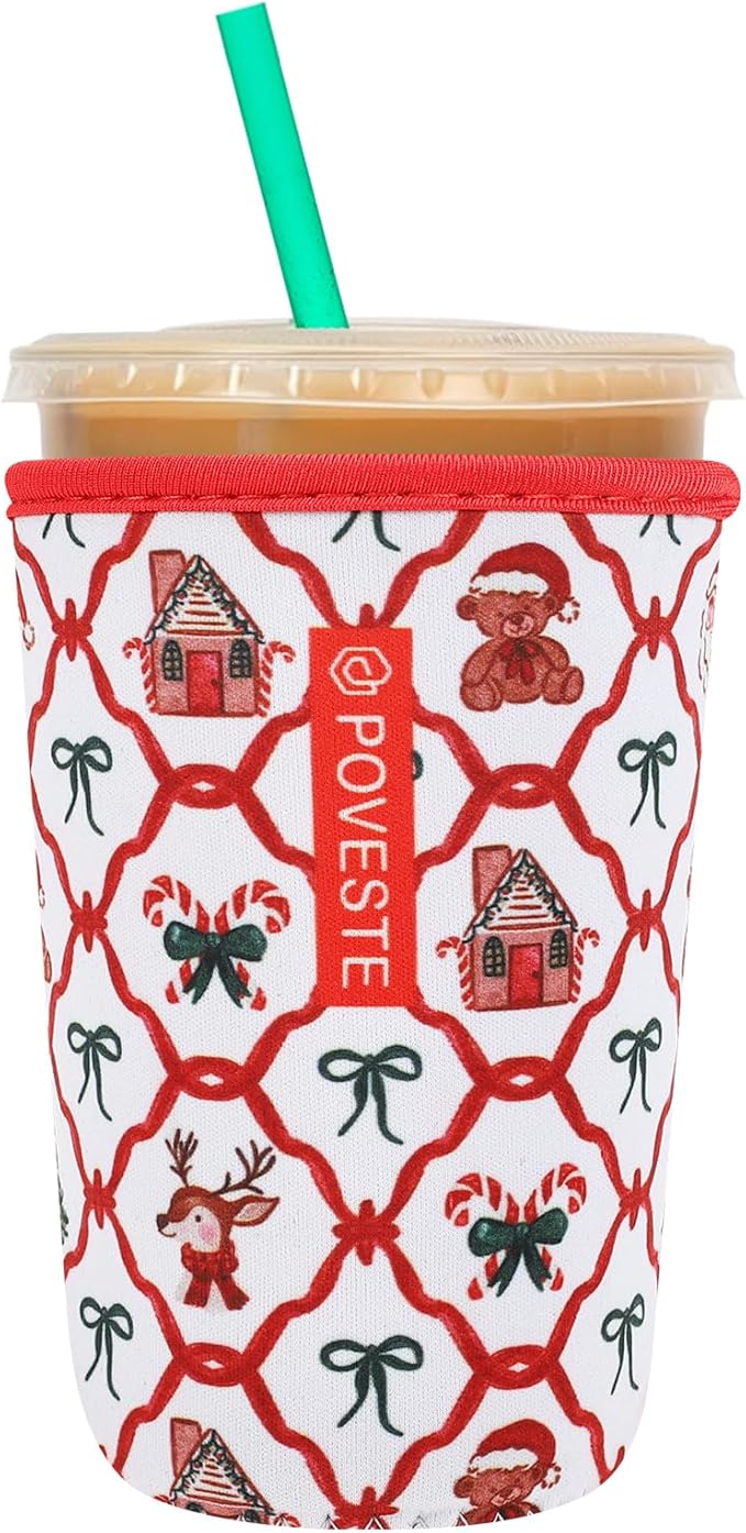 Reusable Neoprene Insulator Sleeve for Iced Coffee & Cold Soda, Coffee Sleeves for Iced & Hot Drinks, Cold Beverage Cooler Compatible with Starbucks, Dunkin (Bow Christmas, Medium: 22-24oz)