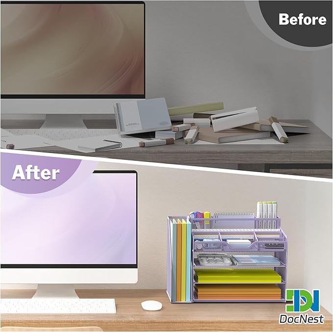 Docnest 4 Tier Mesh Desk Organizer with File Holder – Multi-Functional Paper Letter Tray with 5 Adjustable Compartments, 3 Pen Holders, Desktop Storage for Files, Mail, Stationery – Purple