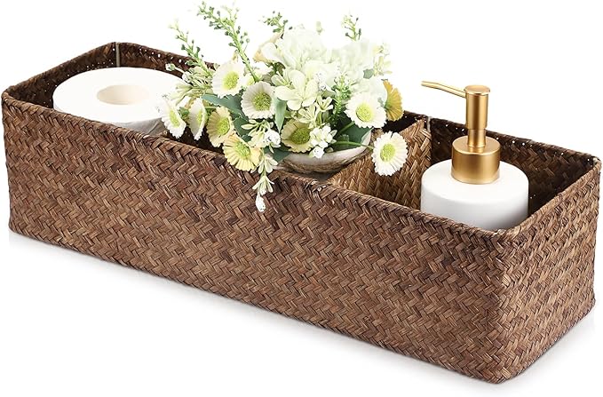 Seagrass Shelf Basket with Dividers, Rectangular Woven Storage Baskets for Organizing, Decorative Wicker Narrow Basket Tray with 3 Sections for Shelves, Toilet Tank, Bathroom Counter