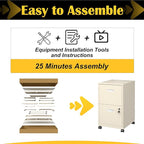 2 Drawer File Cabinet with Lock，Cream Rolling File Cabinet for Home Office, Metal Small Mobile Filing Cabinets on Wheels for Hanging Letter