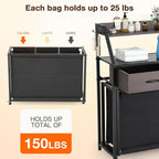 Laundry Hamper with Shelf, 2 Tier Rolling Laundry Hamper 3 section, Laundry Sorter Basket with Wheels, Pull-Out Removable Large Bags, Metal Frames, Wood Drawers for Bathroom, 150L, Rustic Brown