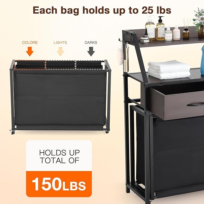 Laundry Hamper with Shelf, 2 Tier Rolling Laundry Hamper 3 section, Laundry Sorter Basket with Wheels, Pull-Out Removable Large Bags, Metal Frames, Wood Drawers for Bathroom, 150L, Rustic Brown