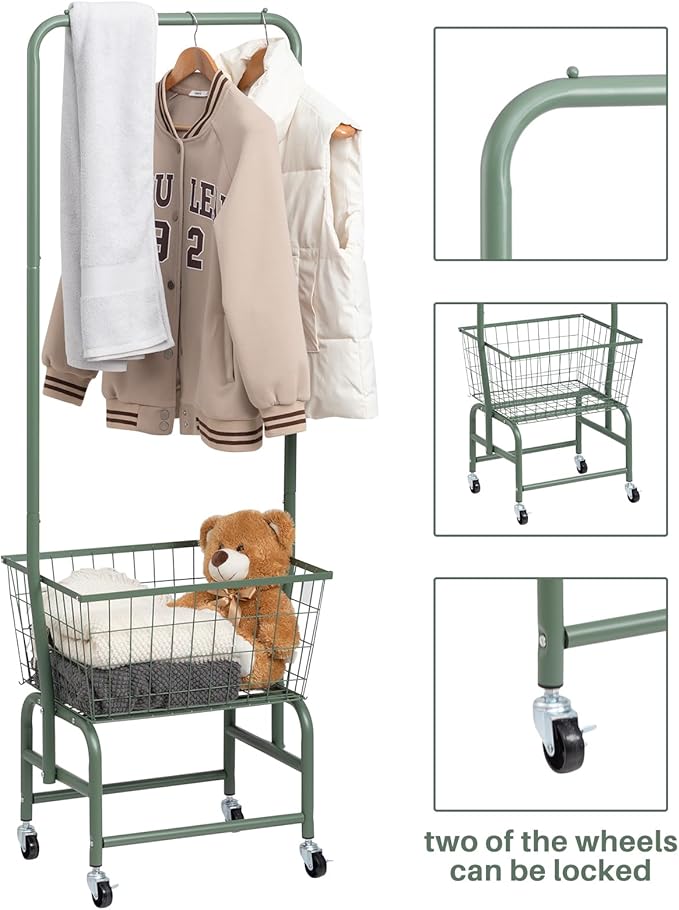 ALIMORDEN Laundry Cart with Clothes Rack, Rolling Laundry Butler with Wire Storage Rack，Green