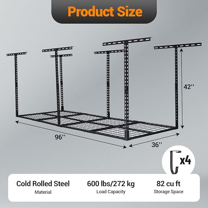 PeakPursuit 3x8FT Overhead Garage Storage Rack, 600LB Capacity Heavy Duty Ceiling Storage Racks, 22-40" Height Adjustable Metal Organizer System for Seasonal Items & Tools
