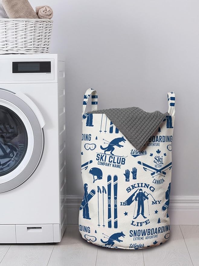 Ambesonne Ski Pattern Laundry Bag Pack of 2, Vintage Style Monochromatic Design of Skiing Themed Motifs, Hamper Basket with Handles Drawstring Closure, 13" x 19", Navy White