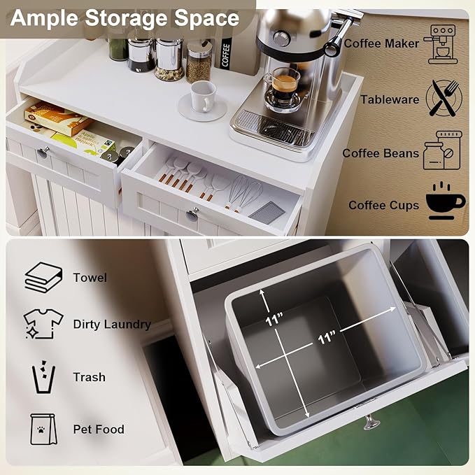 Double Tilt Out Trash Can Cabinet, Dog-Resistant, Fits 13.8"H Bins (Max 11.8"x11.8" Base), Includes Removable Fabric Hamper, Easy Assembly, White for Kitchen & Laundry