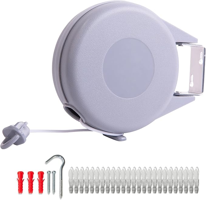 JS HANGER Retractable Clothesline Outdoor Indoor Laundry Line - 49 FT / 15M Single Lines Heavy Duty Wall Mounted Washing Line, Grey Portable Clothes Drying Line with 24pcs Free Pegs