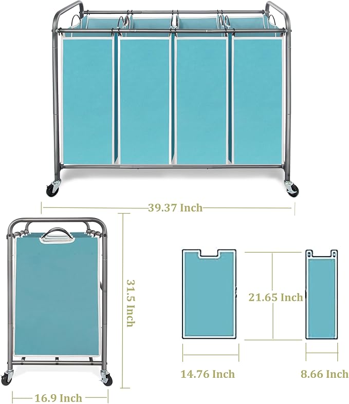 Laundry Sorter 4 Sections, 4-Bag Heavy Duty Rolling Laundry Hamper Cart, Laundry Basket Organizer With Wheels and Removable Bags, Laundry Room Organization For Dirty Clothes, BLUE