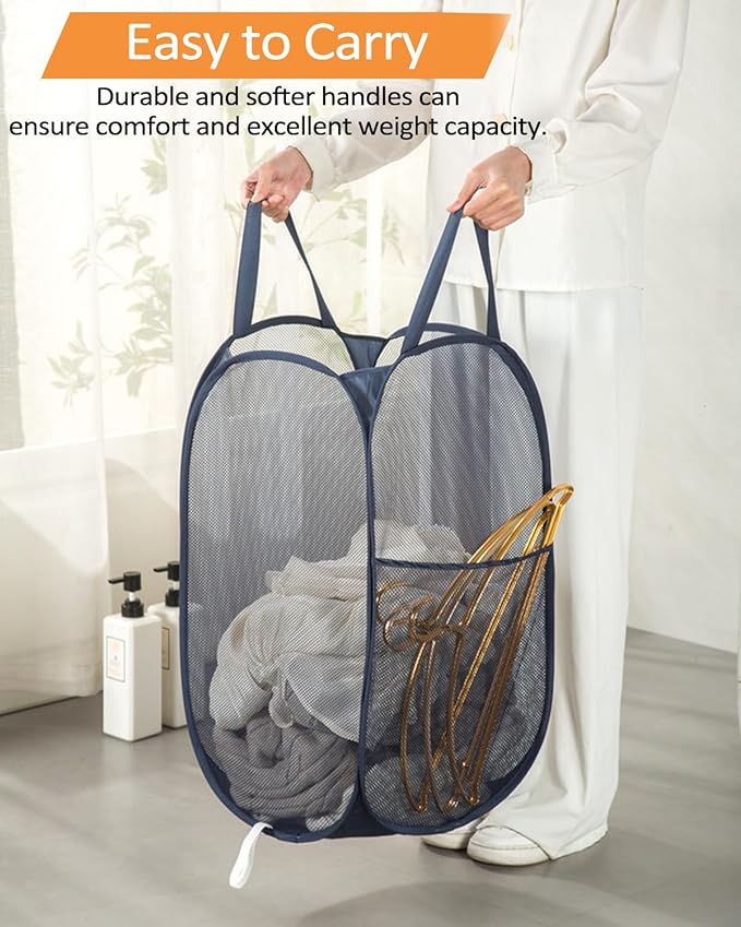 2 Pack Durable Collapsible Laundry Baskets - Reinforced Mesh Pop Up Laundry Hamper with Pocket, Foldable Dirty Clothes Hamper with Carry Handles for Laundry, Bathroom, Kids Room, Dorm or Travel Navy