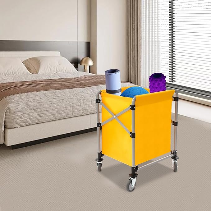Commercial Laundry Cart with Wheels,Folding Laundry Hamper Cart,Heavy Duty Rolling Laundry Basket with Large Capacity,Laundry Sorter Trolley for Home Hotel Apartment (Yellow, 23.62 * 19.69 * 23.62in)