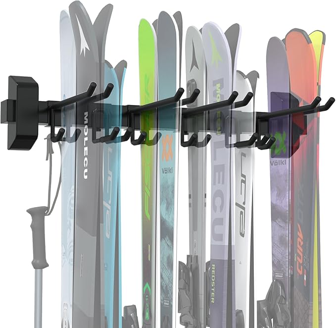 Ski Rack Wall Mount,10 Pairs Ski Holders for Wall with Movable Rubber-Coated Hooks for Garage Storage Organizer System,Snowboard Wall Mount for Garage and Home Shed, Holds Up to 600lbs