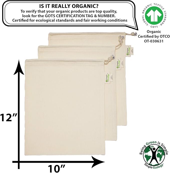 Simple Ecology Reusable Grocery Produce Shopping and Storage Bags, Organic Cotton Muslin, Medium 3 pack