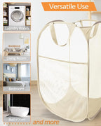 2 Pcs Durable Collapsible Laundry Baskets - Reinforced Mesh Pop Up Laundry Hamper with Pocket, Foldable Dirty Clothes Hamper with Carry Handles for Laundry, Bathroom, Kids Room, Dorm or Travel Beige