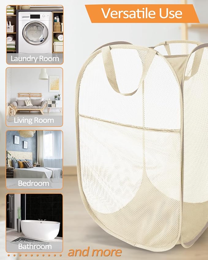 2 Pcs Durable Collapsible Laundry Baskets - Reinforced Mesh Pop Up Laundry Hamper with Pocket, Foldable Dirty Clothes Hamper with Carry Handles for Laundry, Bathroom, Kids Room, Dorm or Travel Beige