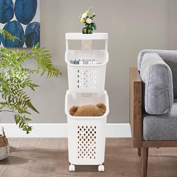 2-Tier Rolling Laundry Cart with Wheels, Stackable Vertical Laundry Sorter & Organizer for Bathroom, Bedroom, and Laundry Room (2-Tier)