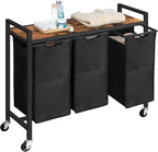 HOOBRO Laundry Sorter 3 Section, Laundry Hamper with Wheels, 3 × 11.5 Gal (43.5 L), Rolling Laundry Basket, Pull-Out and Removable Oxford Fabric Laundry Bags, Rustic Brown and Black BF76XY01