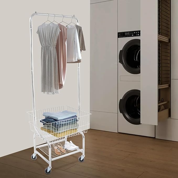 Laundry Cart with Hanging Rack, Wire Laundry Basket with Wheels, Laundry Hamper with Storage Basket & Shoe Rack, Rolling Laundry Hamper Sorter for Laundry Room Bathroom Bedroom, Silver