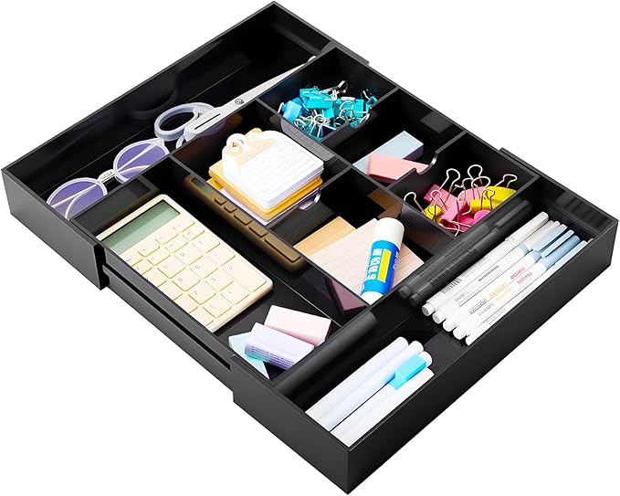 1 Pcs Acrylic Desk Drawer Organizer 9'' up to 18'' x 12'' x 2.1'' Expandable Drawer Organizer Trays with 8 Adjustable Compartments Black Desk Accessories for Makeup Office Bathroom
