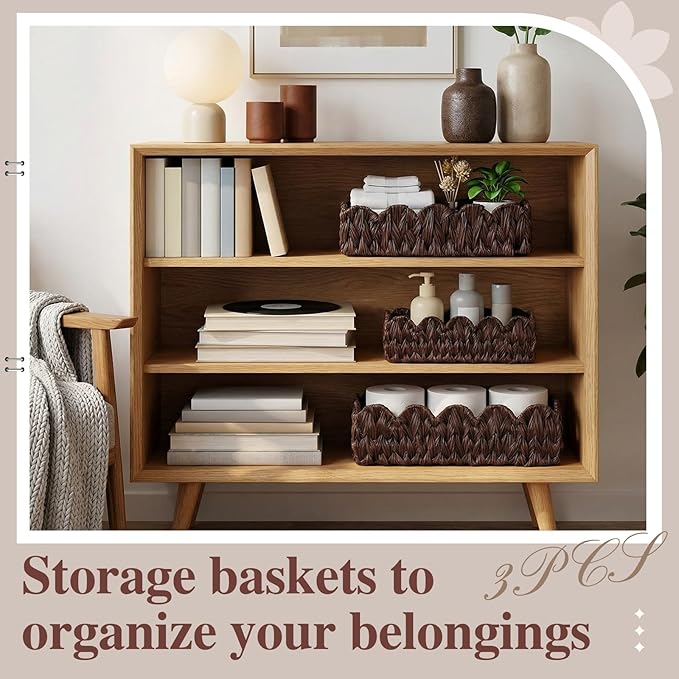 3Pack Toilet Paper Basket for Organizing Scalloped Edge Wicker Basket with Handles Toilet Tank Paper Holder Storage for Bathroom Bedroom Countertop Shelf Decor(Brown,Plastic)