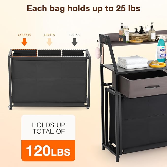 Laundry Hamper with Shelf, 2 Tier Rolling Laundry Hamper 3 section, Laundry Sorter Basket with Wheels, Pull-Out Removable Large Bags, Metal Frames, Wood Drawers for Bathroom, 120L, Rustic Brown