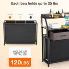 Laundry Hamper with Shelf, 2 Tier Rolling Laundry Hamper 3 section, Laundry Sorter Basket with Wheels, Pull-Out Removable Large Bags, Metal Frames, Wood Drawers for Bathroom, 120L, Rustic Brown