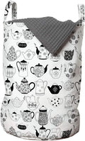 Ambesonne Tea Party Laundry Bag, Floral Patterned Cups with Different Designs Monochrome Timeless Kitchenware, Hamper Basket with Handles Drawstring Closure for Laundromats, 13" x 19", White Black
