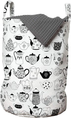Ambesonne Tea Party Laundry Bag, Floral Patterned Cups with Different Designs Monochrome Timeless Kitchenware, Hamper Basket with Handles Drawstring Closure for Laundromats, 13" x 19", White Black