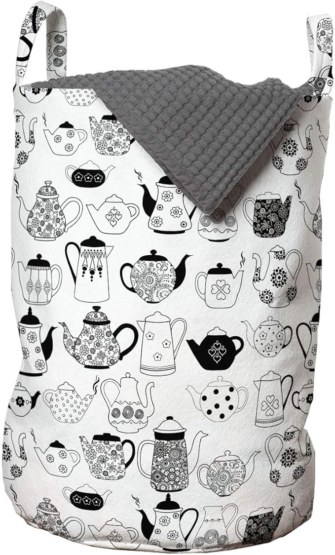 Ambesonne Tea Party Laundry Bag, Floral Patterned Cups with Different Designs Monochrome Timeless Kitchenware, Hamper Basket with Handles Drawstring Closure for Laundromats, 13" x 19", White Black