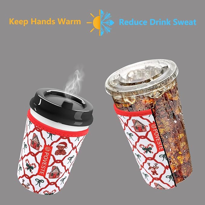 Reusable Neoprene Insulator Sleeve for Iced Coffee & Cold Soda, Coffee Sleeves for Iced & Hot Drinks, Cold Beverage Cooler Compatible with Starbucks, Dunkin (Bow Christmas, Small: 16-18oz)
